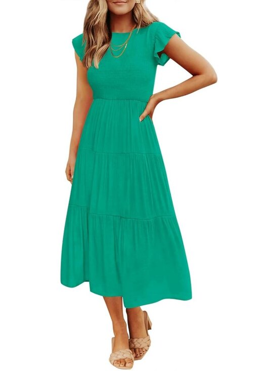 Dresses & Skirts - Women's Green Crew Neck Casual Classic Short Sleeve Outfits Pull On Midi Dresses